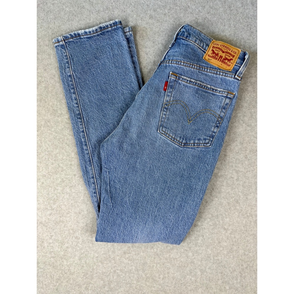 Levis 501 Original Fit Straight Leg Jeans Blue Distressed W27 L30 Button Fly